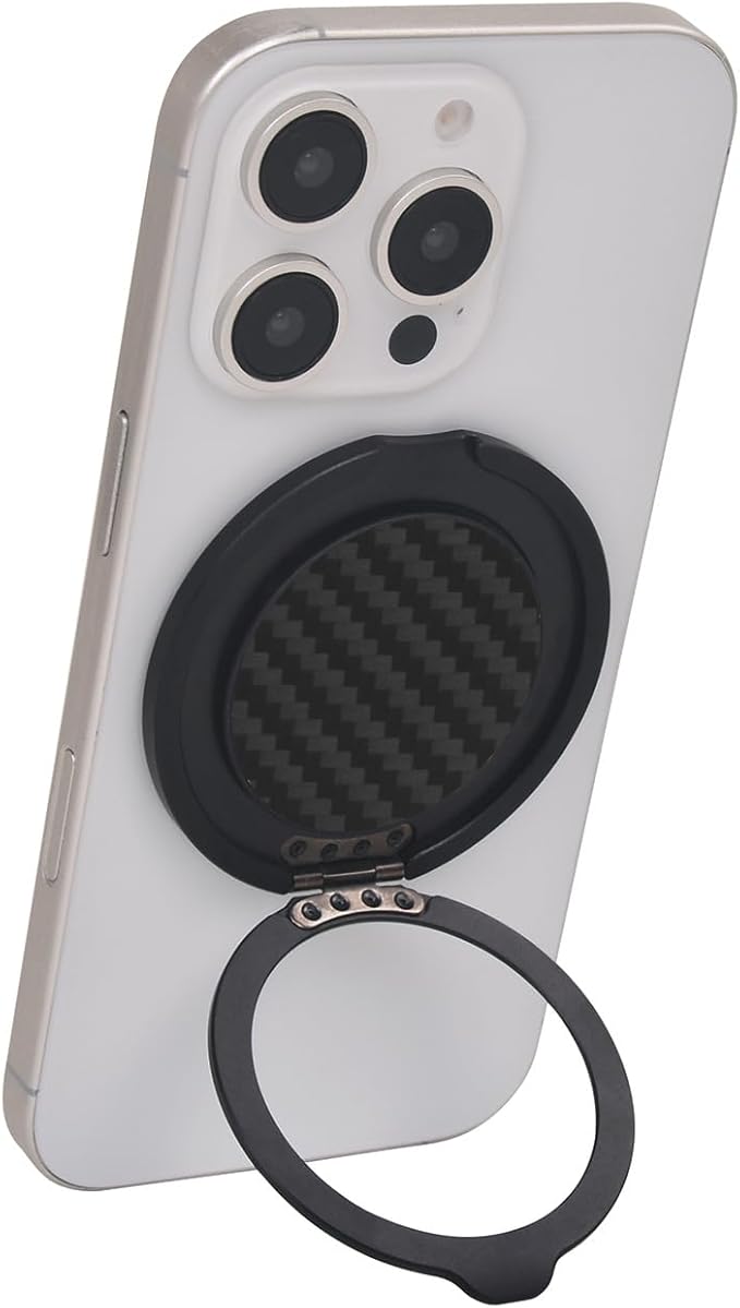 Cell Phone Ring Holder, Phone Grip, Magnetic Phone Ring Stand，Ultra Thin Phone Kickstand with Finger Loop Strap, Phone Ring Holder for Mag-Safe iPhone 16/15/14/13/12 Series (Carbon Fiber)