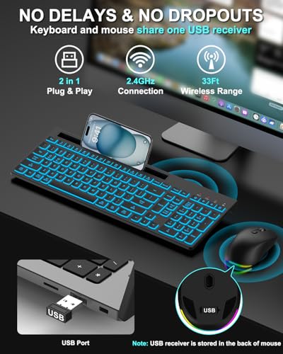 Wireless Keyboard and Mouse Combo, 7 Backlit Effects, Light Up Letters
