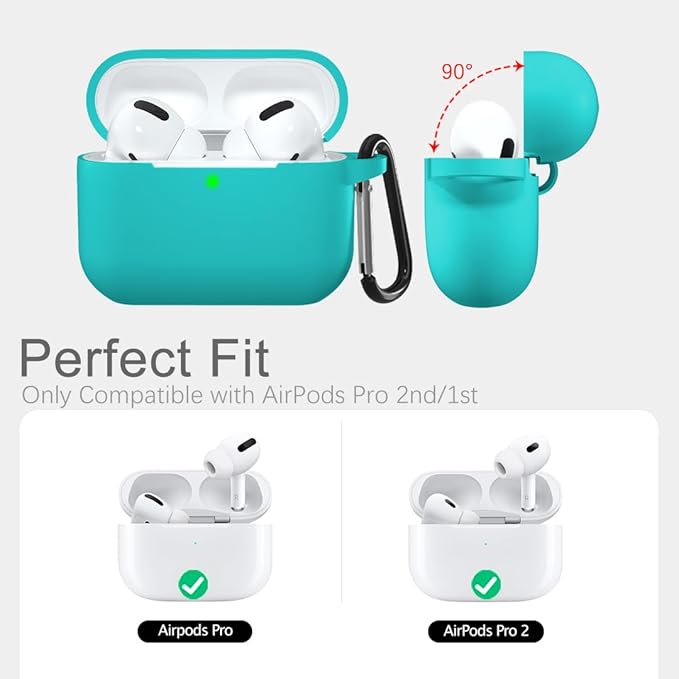 Lerobo Compatible with AirPods Pro 2 Case,Soft Washable Silicone Protective Cover for Airpods Pro Supports Wireless Charging with Carabiner Front LED Visible,Teal