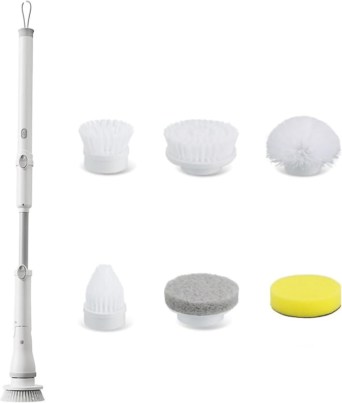 FixtureDisplays® 30-49" Adjustable Electric Spin Scrubber, Cordless Cleaning Brush with Extendable Arm 6 Replaceable Cleaning Heads, Power Shower Scrubber for Bathroom, Tub, Tile, Floor 15757