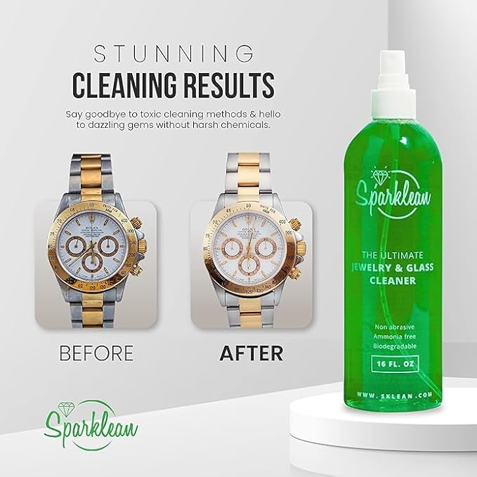 SPARKLEAN Jewelry & Glass Cleaner Spray (8 Oz) - Biodegradable, Ammonia-Free Solution for Gold, Silver & Diamond Rings - Safe for All Metals & Gemstones - Eco-Friendly - Everyday Size
