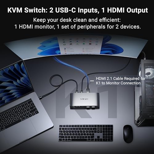 MINIX K1 USB C KVM Switch 1 Monitors 2 Computers, 4K@120Hz HDR, 100W PD 3.0, Dual USB-C Input KVM Switches, Share Keyboard & Mouse, Aluminum Design, Compatible with Windows, Mac, Linux, Android - Image 3