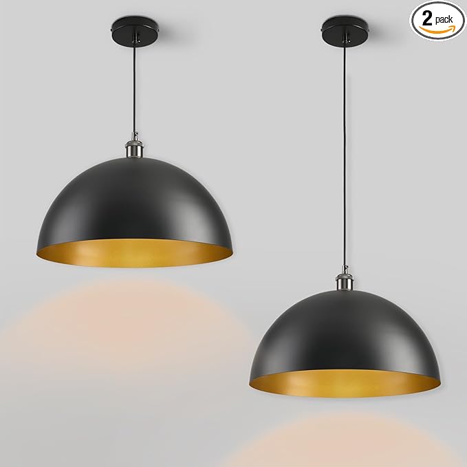 Black Pendant Light for Kitchen Island, 16 Inch Black and Gold Metal Dome Farmhouse Pendant Light Fixtures, Industrial Kitchen Pendant Lights Hanging Ceiling Light for Dining Room Foyer Cafe,2 Pack