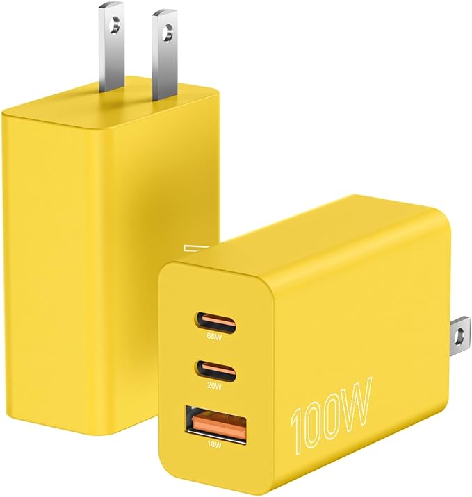 2Pack 100W USB C Charger Block, 3Port Fast Charging Adapter, Type C Fast Charging Blocks Cube PD USBC Wall Plug+QC3.0 USB A Charger Brick for MacBook Pro/Air,iPad,iPhone 17/16,Samsung S25 &More-Yellow