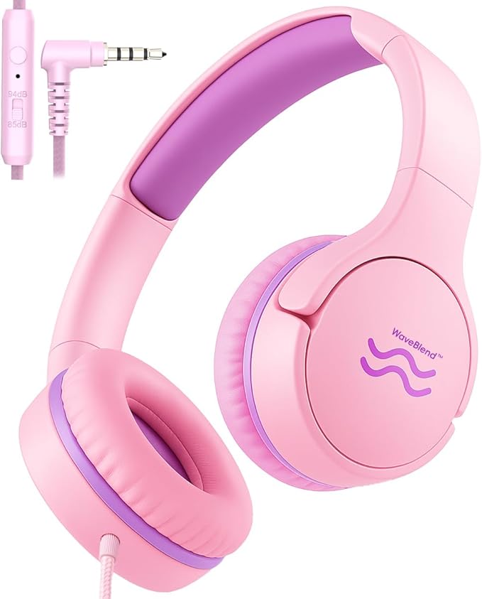 Wired Kids Headphones with Mic, Foldable, Volume Control Safe Listening(85/94dB), 3.5mm Jack on-Ear Headset for Chilren/Teens/Easter Day/School/Travel/Plane/Tablet/Laptop, PinkPurple