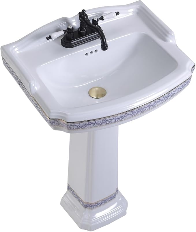 Renovators Supply Manufacturing 23" White Pedestal Bathroom Sink Heavy Duty Porcelain, Blue and Gold Decorative Accents, 4" Centerset Faucet Holes, High Backsplash and Overflow