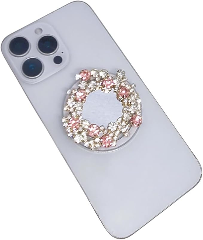 Crystal Rhinestone and Faux Pearl Magnetic Phone Grip Stand, Compatible with MagSafe, Adhesive Metal Ring Included, Detachable Kickstand Holder (Pink Glow Circle)