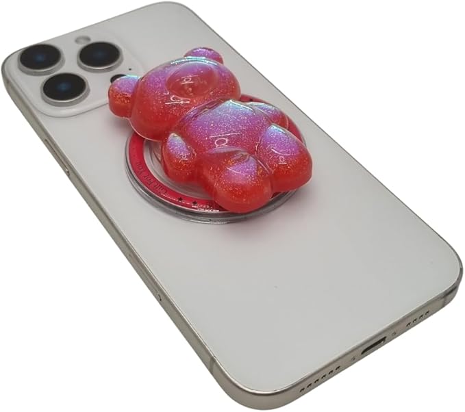 Cute Kawaii 3D Bear Phone Grip Stand, Iridescent Holographic Resin Cell Phone Holder & Kickstand, Compatible with iPhone, Samsung Galaxy, Android (Cherry Red)