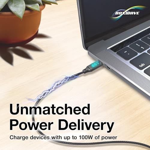 BoxWave Cable Compatible with Motorola Moto Pad 60 - PowerDisplay PD Cable (6ft) - USB-C to USB-C (100W), LED Wattage Info Extra Long Braided Nylon - Jet Black