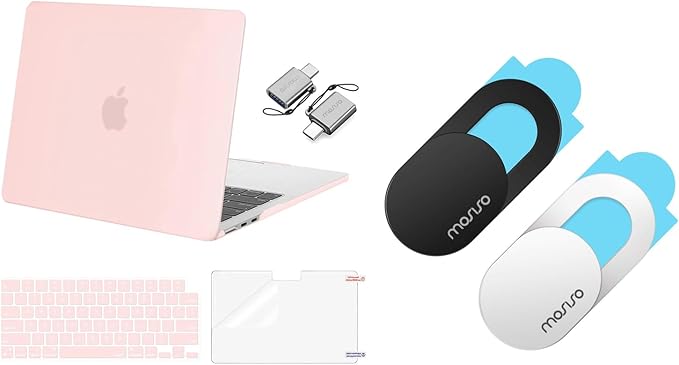 MOSISO Webcam Cover Slide 2 Pack&Compatible with MacBook Air 13 inch Case 2024-2022 M3 A3113 M2 A2681,Hard Shell&Keyboard Cover&Screen Film&Type C Adapter for MacBook Air 13.6 inch Case, Chalk Pink