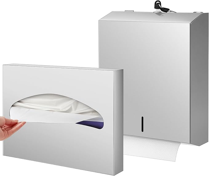 2 Pack Commercial Stainless Steel Toilet Seat Cover & Paper Towel Dispenser Wall Mounted | for Restaurant, Office, Hospital & Public Restroom