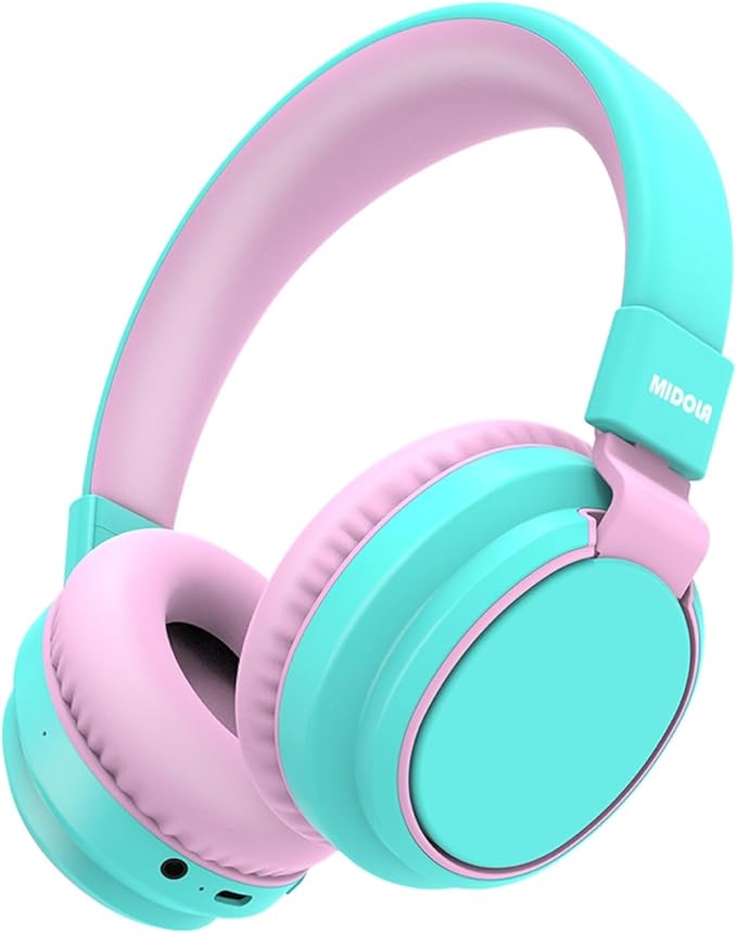 MIDOLA Kids Headphones Wireless Bluetooth 5.4 68H Play Time Volume Limit 85/94dB Over-Ear Foldable Headset,Type-C Fast Charging,with Wired Aux Mic for Toddler Boy Girl Pad Tablet Cyan