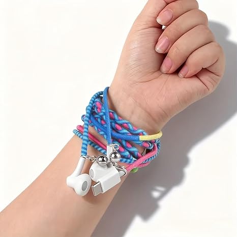 Wired Earbuds USB-C with Microphone [Bracelet Design] | Tangle-Free Necklace & Braided Colorful Cord, Magnetic Lock | Compatible with iPhone 14/15/16/17, PS5 for Music, Sports, Gaming (Blue)