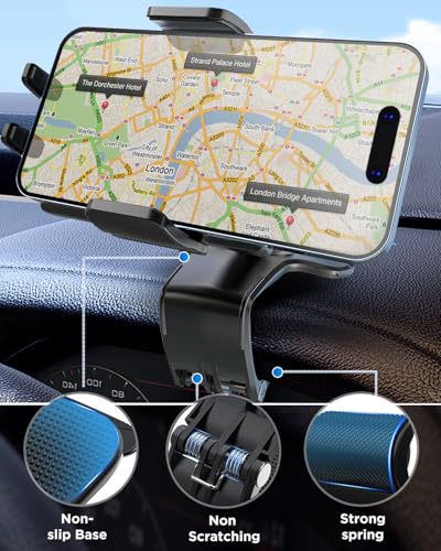 IPOW Car Dashboard Phone Clip Holder, 360 Degrees Rotation Dash Steering Wheel Phone Clamp Mount Compatible with iPhone 15 14 13 Pro Max and 4-7 Inch Smartphones (NOT Universal - Please Check)