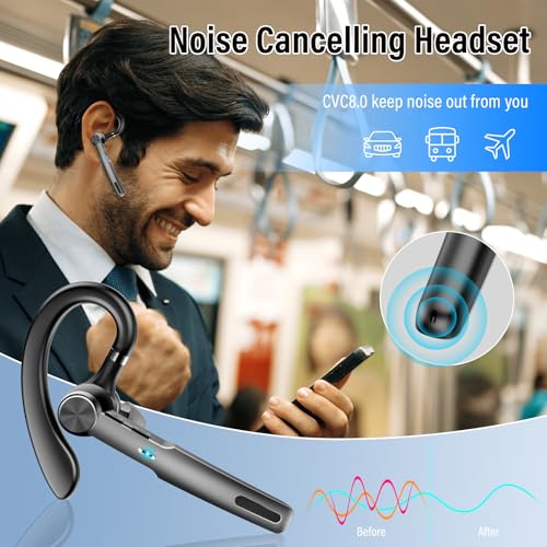 Bluetooth Headset, 2026 Wireless Bluetooth 5.3 Earpiece, 60 Hours Single-Ear Headset with Mute Button, Dual Noise Cancelling Mics, IP7 Waterproof Hands Free Headphone for Trucker, Business, Black