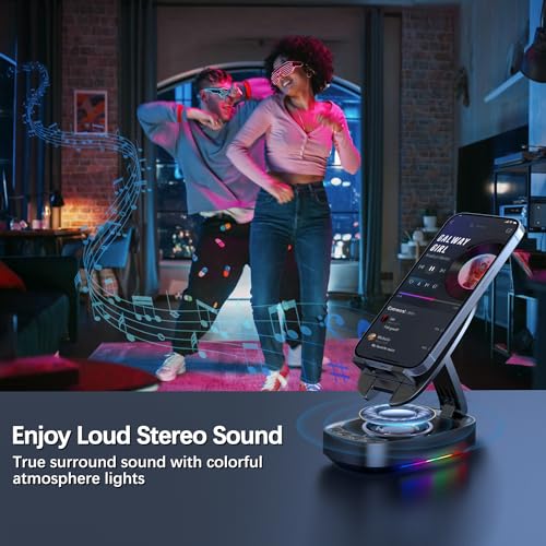 Cell Phone Stand with Wireless Bluetooth Speaker, Unique Gifts for Men/Women, Adjustable Phone Holder with 5 LED Light Modes, Anti-Slip Base HD Surround Sound, Phone Speaker Amplifier for iPhone/iPad
