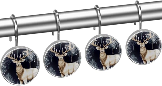 12 Packs Deer Shower Curtain Hooks, Crystal Glass Shower Curtain Rings for Bathroom, Rustproof Metal Decorative Curtain Rod Hooks, Stainless Steel