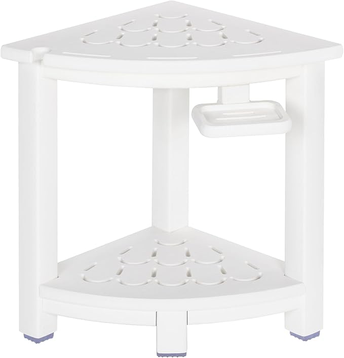 NALONE Corner Shower Stool, HDPE Shower Bench for Inside Shower, Small Shower Chair Seat for Shaving Legs with Storage Shelf, Soap Box and No-Slip Feet (White)
