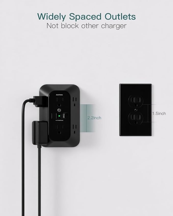 Addtam Surge Protector Outlet Extender, 6-Outlet Splitter with 4 USB Wall Charger(PD 20W), Multi Plug Wall Outlet 1800J Power Strip for Home Office Dorm Room Essentials, Black