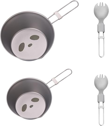 Ultralight Panda Titanium Sierra Cup with Titanium Spoon Set,Camping Cups Camping Cookware for Camping and Backpacking with Foldable Handle(300ml and 500ml)