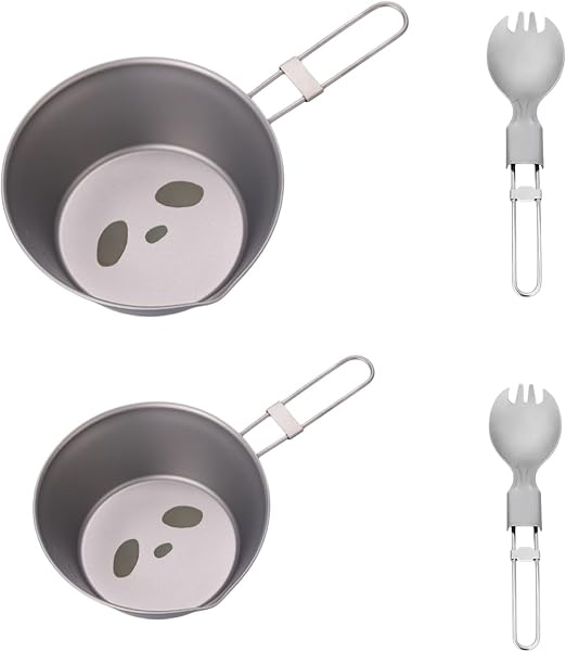 Ultralight Panda Titanium Sierra Cup with Titanium Spoon Set,Camping Cups Camping Cookware for Camping and Backpacking with Foldable Handle(300ml and 500ml)