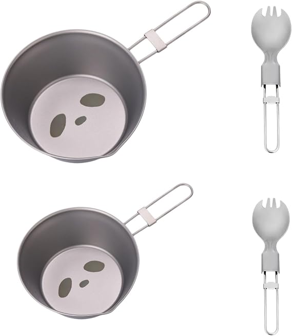Ultralight Panda Titanium Sierra Cup with Titanium Spoon Set,Camping Cups Camping Cookware for Camping and Backpacking with Foldable Handle(300ml and 500ml)