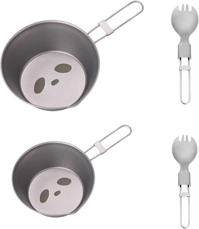Ultralight Panda Titanium Sierra Cup with Titanium Spoon Set,Camping Cups Camping Cookware for Camping and Backpacking with Foldable Handle(300ml and 500ml)