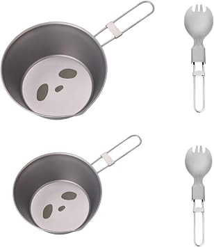 Ultralight Panda Titanium Sierra Cup with Titanium Spoon Set,Camping Cups Camping Cookware for Camping and Backpacking with Foldable Handle(300ml and 500ml)