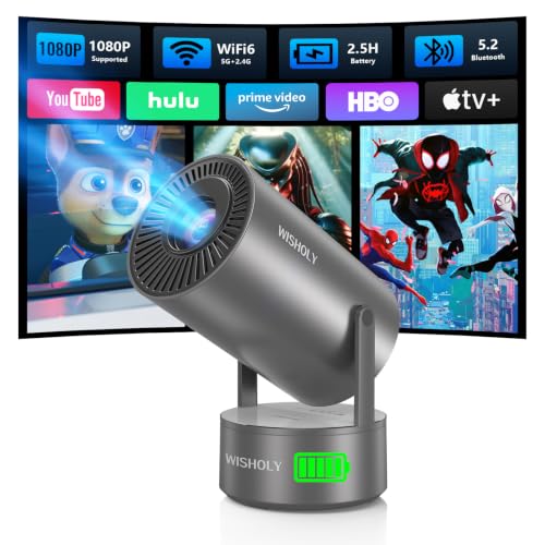 Portable Projector with Built-in Apps & Rechargeable Battery, Mini Projector with WiFi and Bluetooth, Electric Focus, Auto Keystone, 210° Rotatable Stand for Outdoor Movies & Travel( Iron Gray)