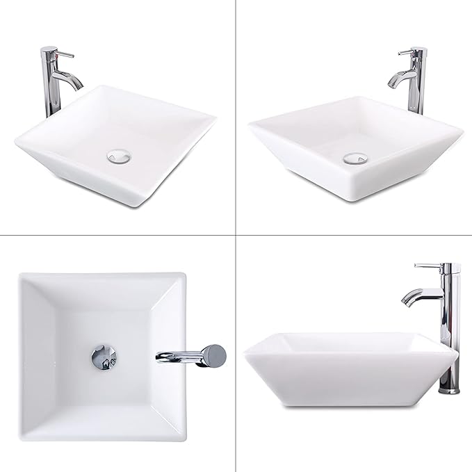 eclife 36" Bathroom Vanity Sink Combo Modern Metal Stand Cabinet W/Bottom Shelf & Storage Side Cabinet White Square Vessel Sink & Water Save Faucet & Pop Up Drain, Oak (A07)