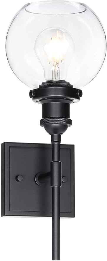 XiNBEi Lighting Black Wall Sconce, 1 Light Vanity Light Fixture with Globe Glass Modern Sconces Wall Lighting for Bathroom Mirror Bedroom Hallway XB-W1275-1-MB
