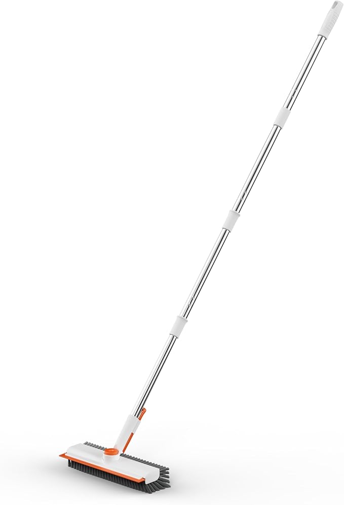AIR U+ Floor Scrub Brush with Long Handle, 3 in 1 Scrape and Heavy-Duty Stiff Bristle Scrubber Brush for Cleaning Shower Bathroom, Patio, Garage, Kitchen, Wall and Deck, White and Orange