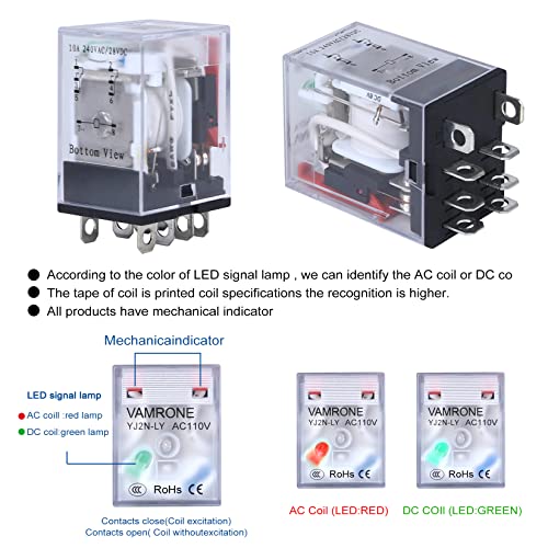Electromagnetic Power Relay, 8-Pin 10A 110/120 AC Relay Coil with Socket Base, LED Indicator, DPDT 2NO 2NC - MY2NJ [Applicable for DIN Rail System]