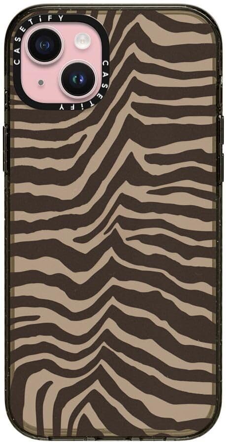 CASETiFY Impact Case for iPhone 15 Plus [Slim / 8.2 ft. 4X Military Grade Drop Protection/Wireless Charging Compatible] - Zebra-Brown - Clear Black