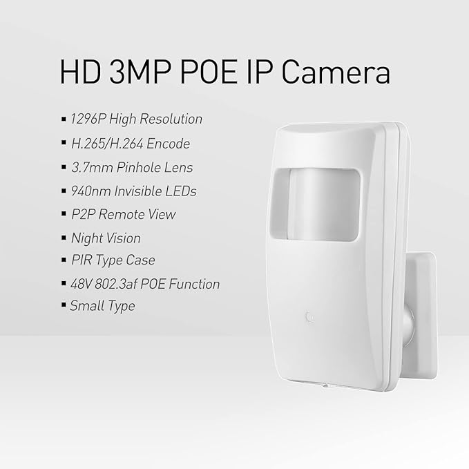 REVOTECH PIR POE IP Camera, HD 3MP Small Indoor Security Camera Covert 3.7mm Lens 940nm Invisible LEDs IR Night Vision P2P H.265(IPIR-M-P White)