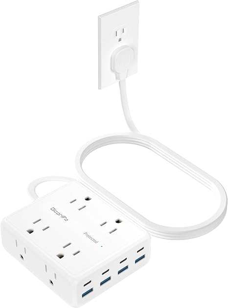 Olcorife Flat Plug Power Strip with 10 FT Extension Cord, 8 Outlets 8 USB Ports(4 USB C), 3 Sided Outlet Extender for Home Office Travel Dorm Room Essentials, White