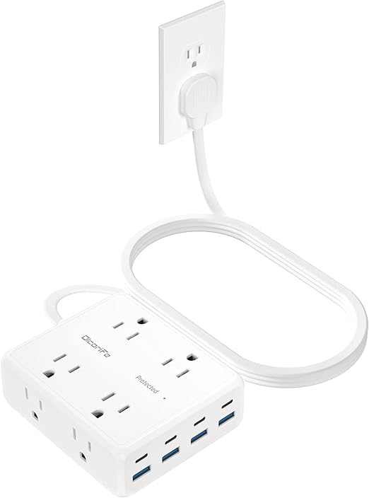 Olcorife Flat Plug Power Strip with 10 FT Extension Cord, 8 Outlets 8 USB Ports(4 USB C), 3 Sided Outlet Extender for Home Office Travel Dorm Room Essentials, White