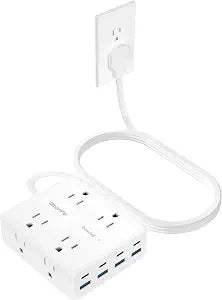 Olcorife Flat Plug Power Strip with 10 FT Extension Cord, 8 Outlets 8 USB Ports(4 USB C), 3 Sided Outlet Extender for Home Office Travel Dorm Room Essentials, White