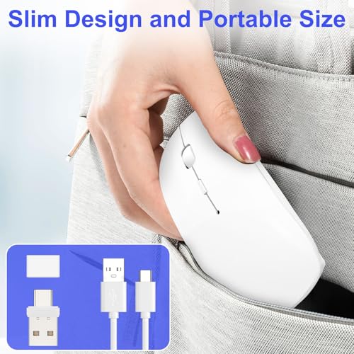 Wireless Mouse for MacBook Air iPad Pro PC Laptop, Bluetooth Rechargeable Computer Mice with Jiggler Mode, Silent 3 Mode (BT 5.2/3.0 & USB-A/USB-C Receiver) Type-C Slim Travel Mouse, White