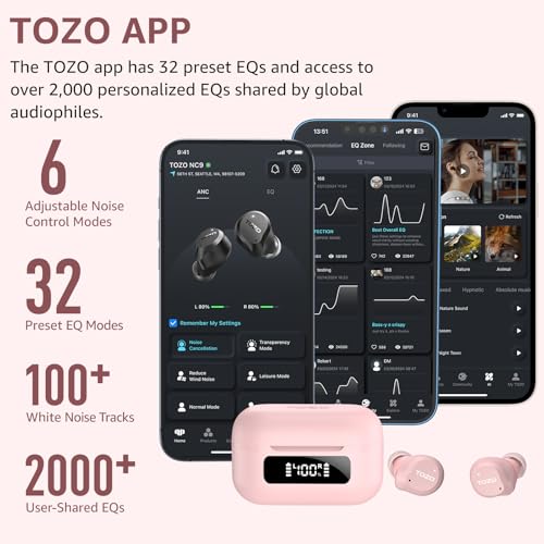 TOZO NC9 Hybrid Active Noise Cancelling Wireless Earbuds, 60H, LED Display