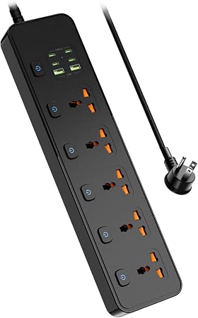 Universal Power Strip with USB Ports, Individual Swtich, 6ft Power Cord, 5 Universal AC Outlets, 4USB C and 2USB (5V/4.2A), Max 3000w, 110-240V, Child Safe Door, Multi Plug Power Strip for Travel
