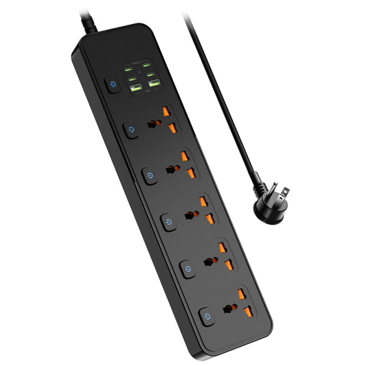 Universal Power Strip with USB Ports, Individual Swtich, 6ft Power Cord, 5 Universal AC Outlets, 4USB C and 2USB (5V/4.2A), Max 3000w, 110-240V, Child Safe Door, Multi Plug Power Strip for Travel