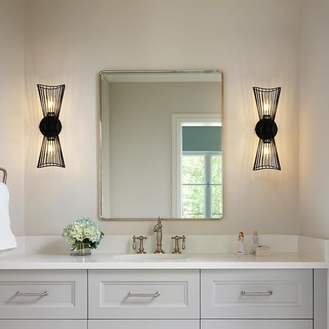 Black 2-Light Vanity Wall Sconce Farmhouse Light Fixtures Over Mirror Modern Up and Down Sconces Large Wall Light Hardwired Wall Lamp for Hallway Bedroom Kitchen Bathroom