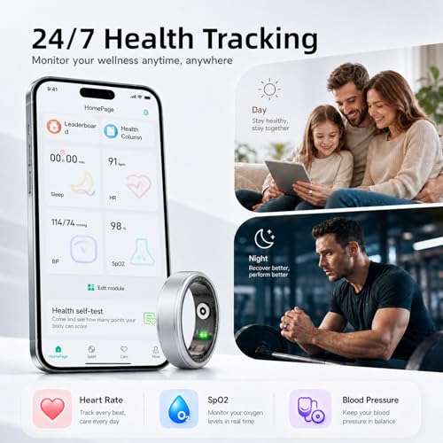 Smart Ring for Women & Men, IP68 Waterproof Fitness Tracker Ring with Heart Rate, Blood Oxygen & Sleep Monitor, Health Tracker Ring Compatible with iOS & Android, No Subscription Fee
