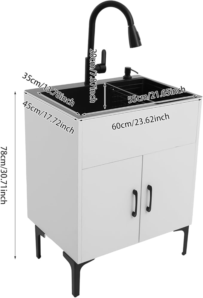 Laundry Sink Cabinet with Pull-Out Faucet, Stainless Steel Freestanding Utility Room Sink with Cabinet Utility Tub for Bathroom Laundry Room Kitchen (23.62x17.72in White)