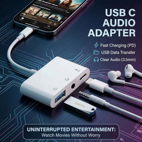 USB C to 3.5mm Audio Adapter with 60W PD Fast Charging Port, 3-in-1 Aux to Type C Multi-Function Adapter, USB C to USB Adapter Compatible with iPhone 17/16/15, iPad Pro, MacBook, Galaxy S26 & More