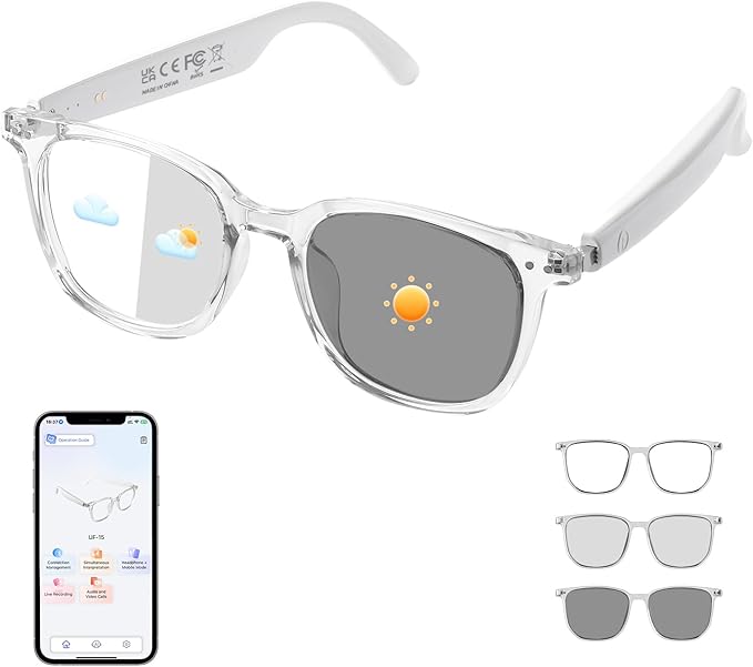 AI Translator Smart Glasses, Real-Time Bilingual Translation, Simultaneous Interpretation Glasses with Photochromic Lenses Transparent Frame, 165+ Languages, Lightweight Design for Travel & Business