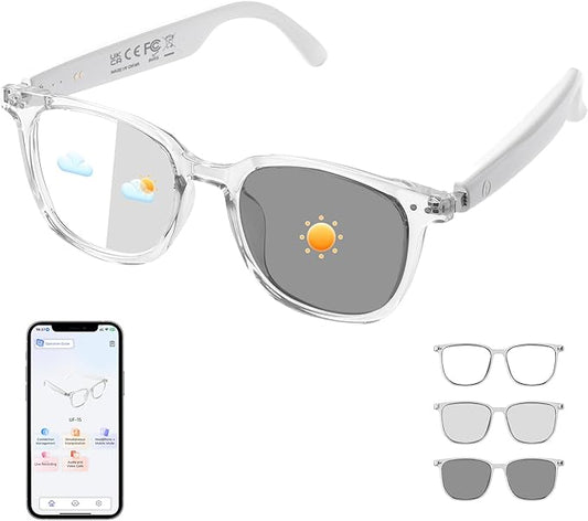 AI Translator Smart Glasses, Real-Time Bilingual Translation, Simultaneous Interpretation Glasses with Photochromic Lenses Transparent Frame, 165+ Languages, Lightweight Design for Travel & Business
