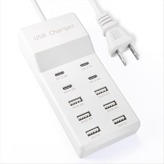 USB Power Strip Charging Station, 10-Port 6A+4C Multi Charger Block
