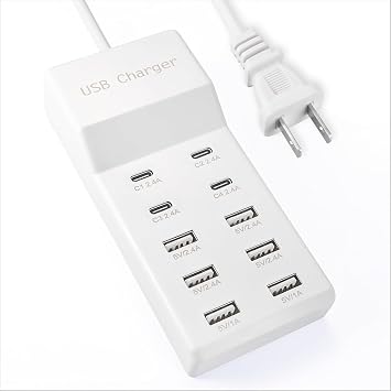 USB Power Strip Charging Station, 10-Port 6A+4C Multi Charger Block
